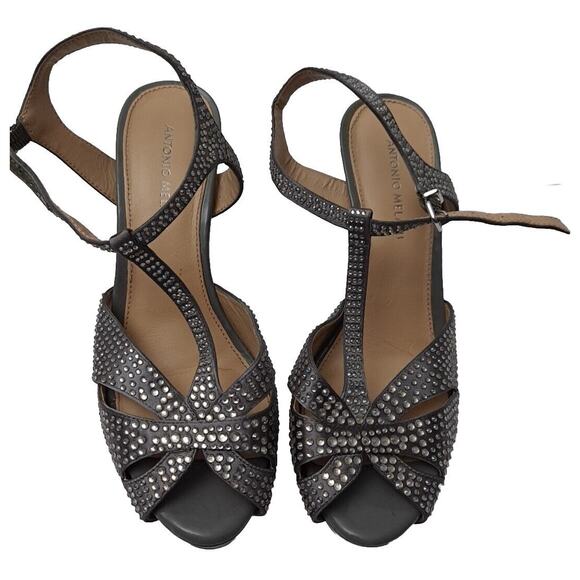 Antonio Melani Silver Rhinestone Peep Toe Strap Heels Pumps Stilettos' 10 M - Picture 6 of 8